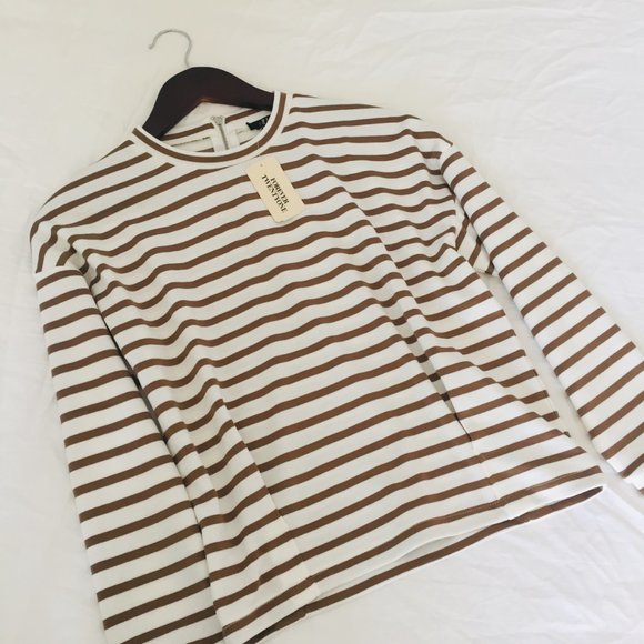 NWOT F21 Classic Striped Cream Brown Long Sleeve Shirt - Picture 3 of 5